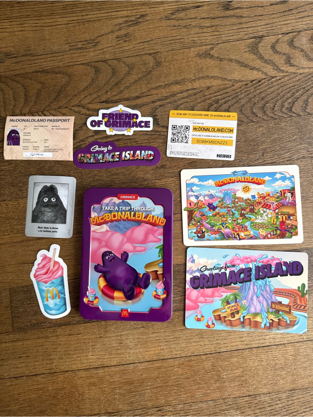 McDonald's Grimace Collectible Tin Post Cards, Passport & Stickers